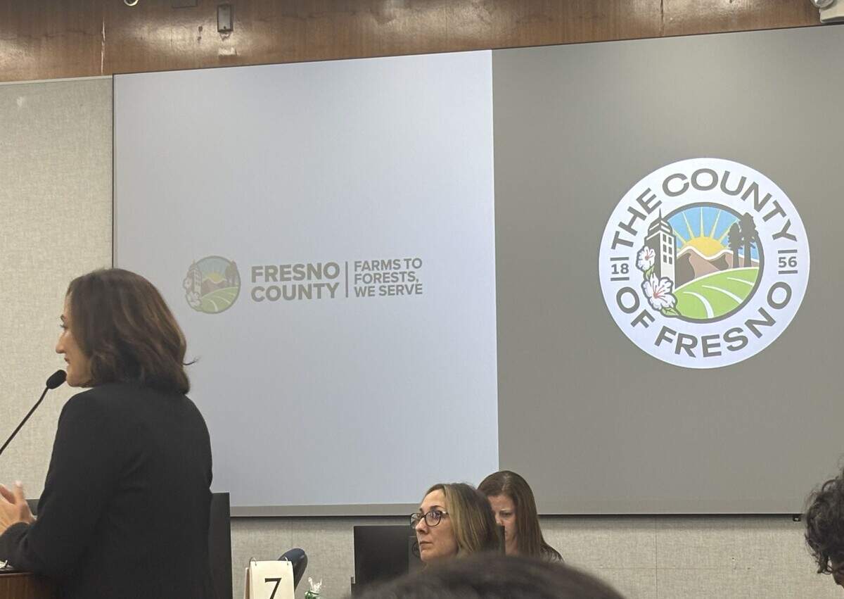 Fresno County Communications Director Sonja Dosti presents a new logo and slogan on Tuesday, Sept. 22, 2026, to the Board of Supervisors along with a new motto, “Farms to Forests, We Serve.” The board adopted it 4-1.